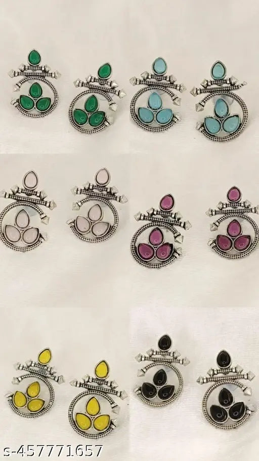 Oxidised Silver Plated Earrings (Pack of 6) - Stone Earrings for Women 