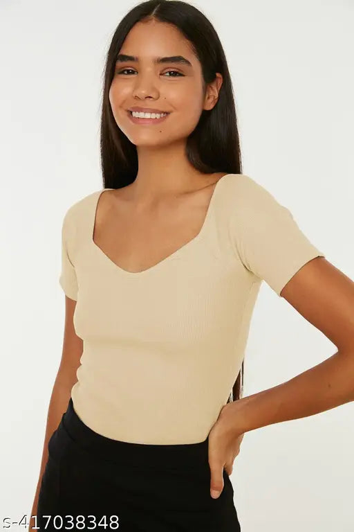 Redamancii Heart Neckline Short Sleeve Casual Ribbed Top for  Girls and Women