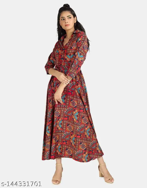 Nature craft Applique printed maroon shirt dress for women