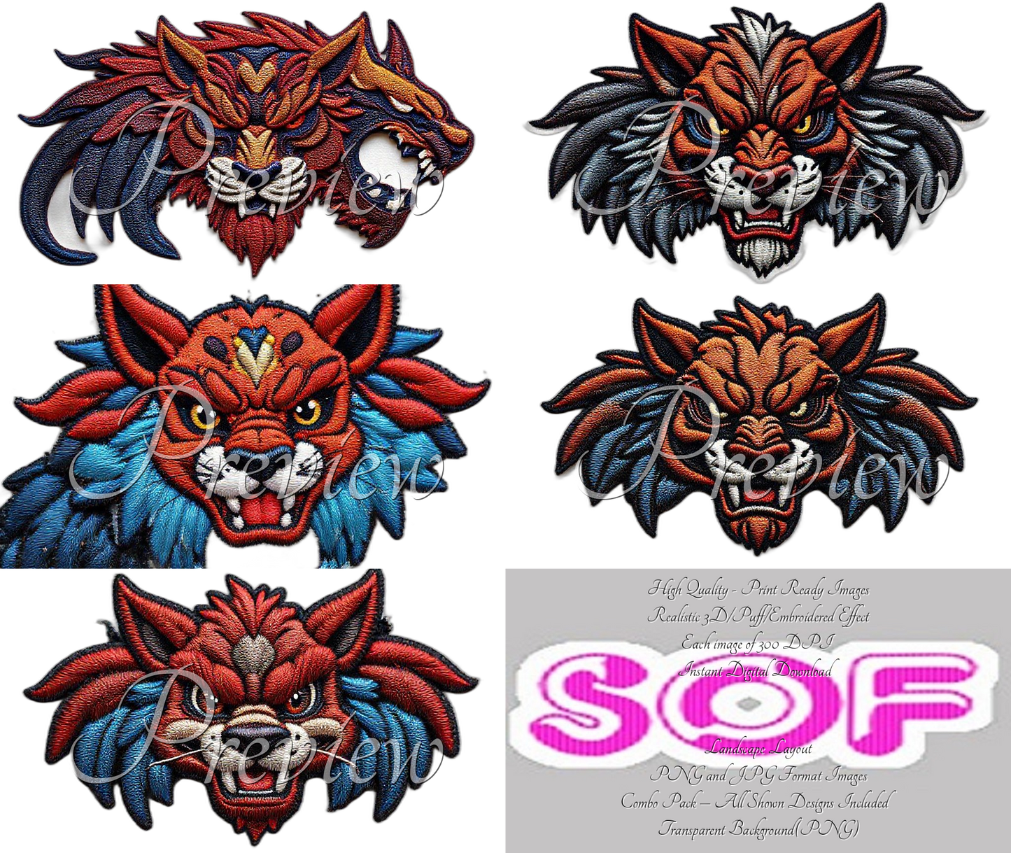 Warrior Animal Theme Pack of 5 Digital Images |  300 DPI Printable Art | Images for Print on Demand