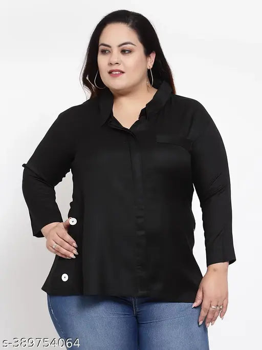 FAZZN Plus Size Black Rayon Collared Full Sleeves Top