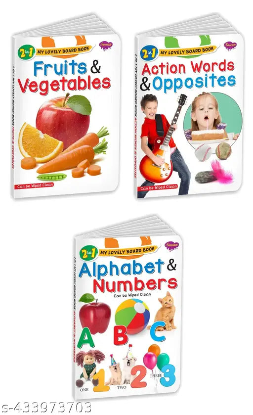 Alphabet and Numbers  Action Words and Opposites and Fruits and Vegetables Book : Fruits and Vegetables Book  Board Books for Kids  Kids Educational Board Books - Pack of 3 Books.
