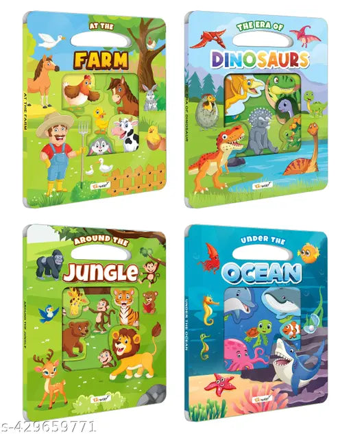 At the Farm  The Era of Dinosaur  Around the Jungle and Under the Ocean Window Cut Board Book : Learning Board Book  Kids Educational Book  Early learning Die Cut Board book - Combo of 4 Die Cut Shape Board Books