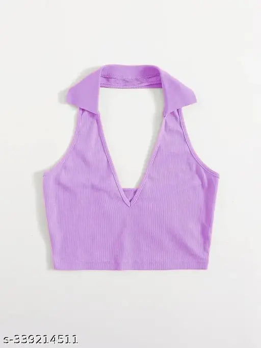 Women Sleveeless Polo Collar Ribbed Solid Crop Tops & Tunics