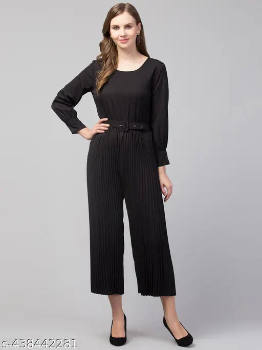 AVYOLA Girls Pleated & Gathered Belted Style Long Sleeves Round Neck Solid  Black Jumpsuit