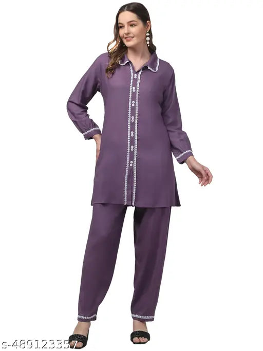 women solid full sleeve western kurti with pants set