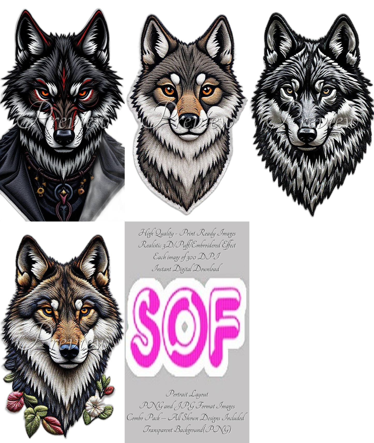Wolf #set2 Theme Pack of 4 Digital Images – 300 DPI Printable Art