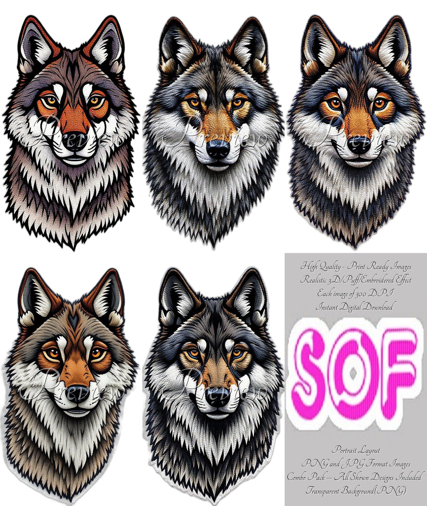 Wolf #set3 Theme Pack of 5 Digital Images – 300 DPI Printable Art