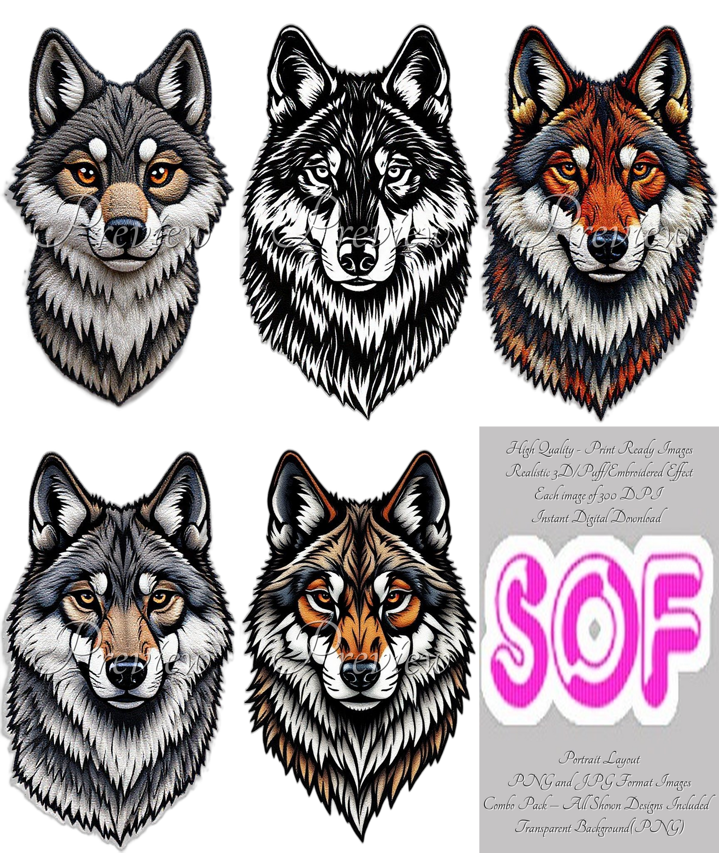 #00 Wolf #set4 Theme Pack of 5 Digital Images – 300 DPI Printable Art