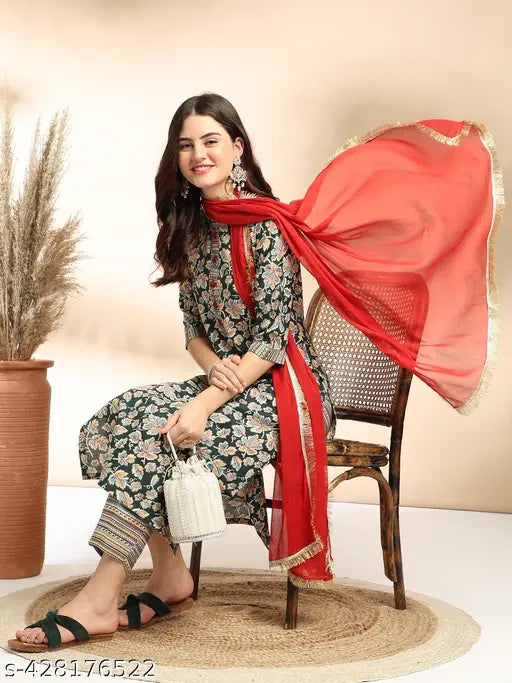 Women's Foil Print With Handwork kurta pant with dupatta set