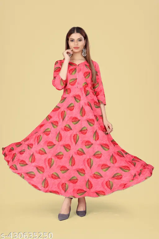 Ashima Designer pink color Leaf Print Quality Lace Work Anarkali Flared Gown