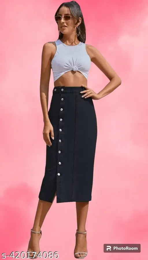 Woman Black Long Denim Skirt