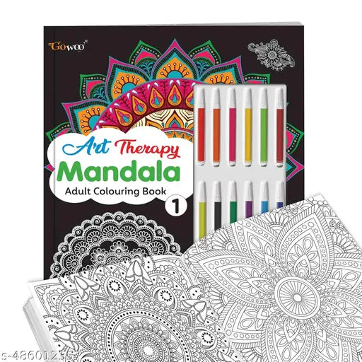 Mandala Art Kit for Adults & Kids :- Art Therapy Mandala Adult Colouring Book 1 : Refreshing Mandala - Colouring Book  Coloring Adventure Book with 12 Sketch Pens  Tear-Out Sheets Included!