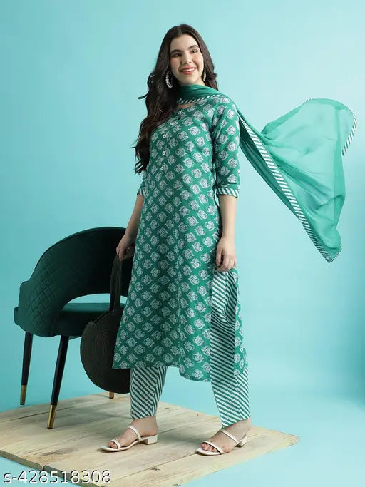Women's Poly Cotton Kurta Pant Dupatta Set