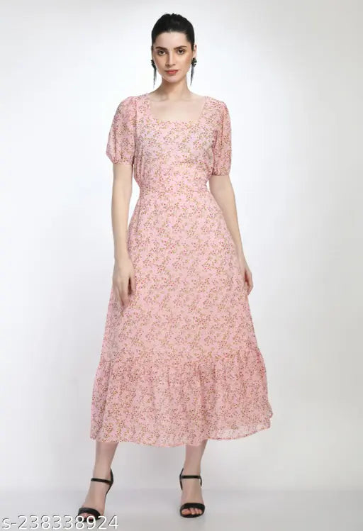 Elegant Floral Printed Georgette A-Line Dress