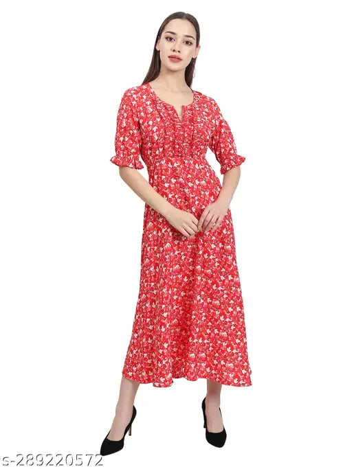 Nature Craft Women Orange Crepe V-neck Floral Print Maxi Dress
