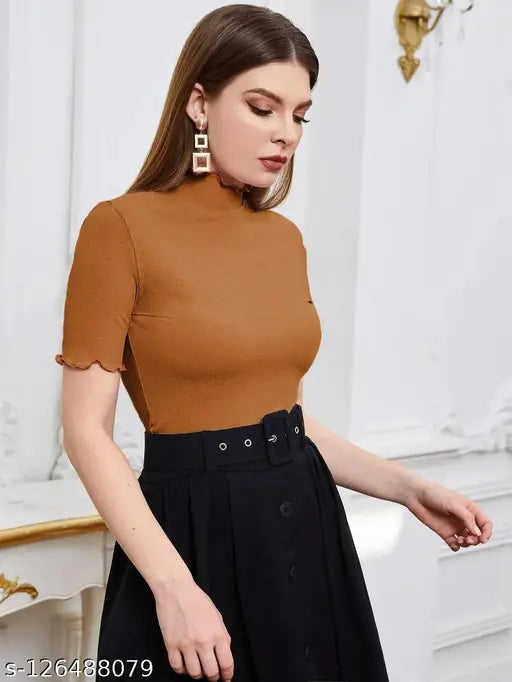 Women Casual Wear High Neck Half Sleeve Ribbed Top