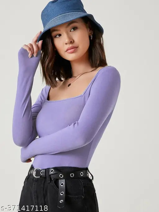 Redamancii Square Neck Full Sleeve Casual Ribbed Top for  Girls and Women