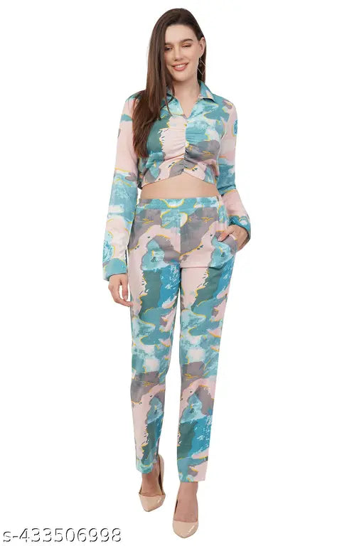Avyola Women Stylish Cotton Blend Korean Abstract Printed Waist Tie-Up Regular Top and  Bottom Co-ord Set  With Front Pockets  For Beach And Summer Occasions Casual And Party Wear