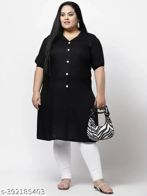 FAZZN Plus Size Black Rayon Solid Straight Kurti with Customization