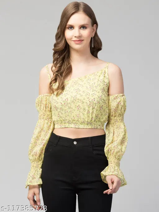 Women Girls Cold Shoulder Floral Crop Top