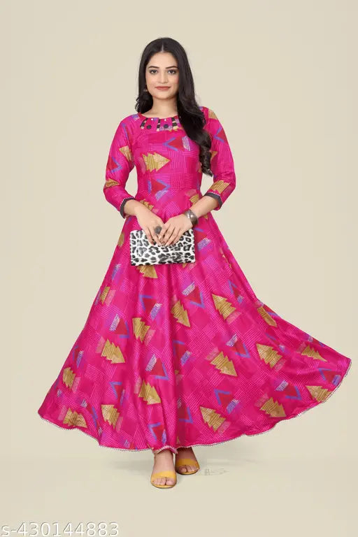 Ashima Designer Pink Color Exports Quality Rayon Printed Cutout Neck Flower Printed Long Fancy Kurti