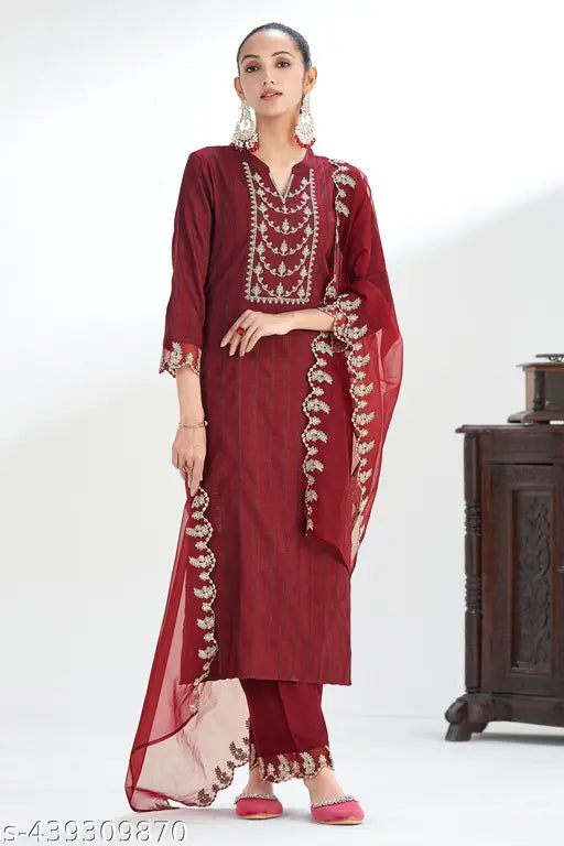 Women's Chinon Kurta & Pant With Dupatta Set
