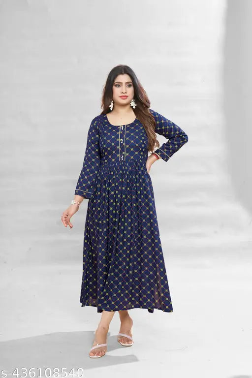 Ashima Designer Navy Blue Color Geometric Print Naira Cut Rayon Kurti