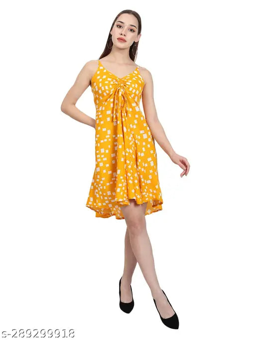 Nature Craft Women Yellow Crepe stripe shoulder Floral Print A-Line Dress