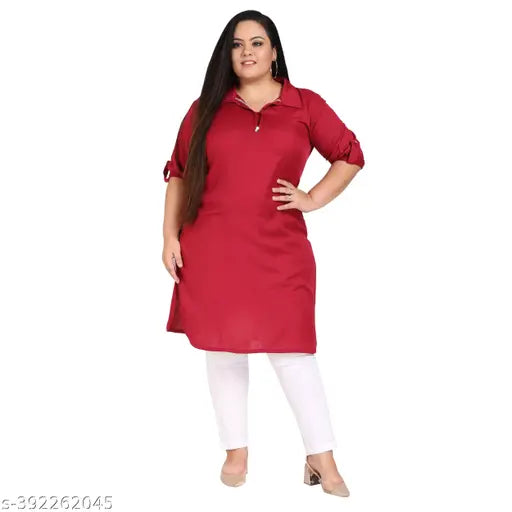 FAZZN Plus Size Maroon Rayon Collared Solid Kurti