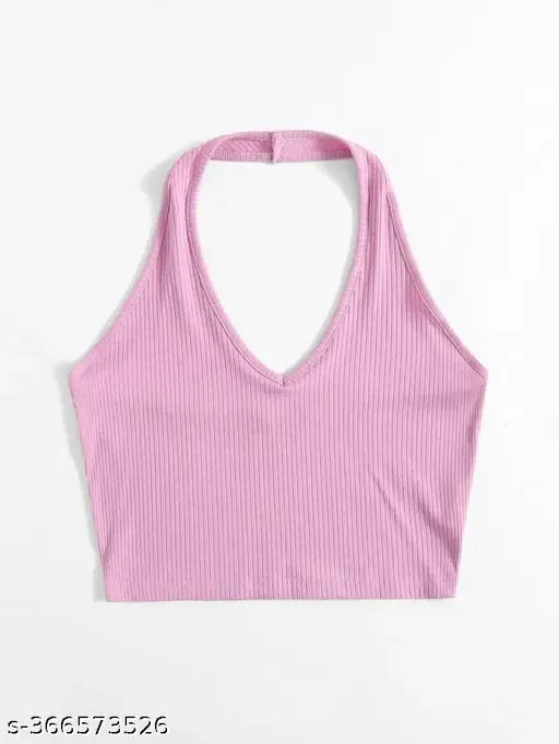 SUTBIT Halter Neck Crop Ribbed Women Top