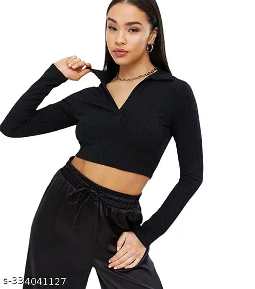 Women Sleveeless Polo Collar Ribbed Full Sleeve Solid Cotton Crop Tops & Tunics