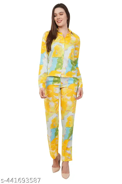 Women Stylish Cotton Blend Korean Abstract Printed Cuffed Full Sleeves Shirt And Bottom Co-ord Set With Front Pockets For Beach And Summer Occasions Casual And Party Wear