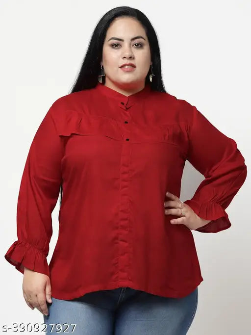 FAZZN Plus Size Red Rayon High Neck Full Sleeves Solid Top