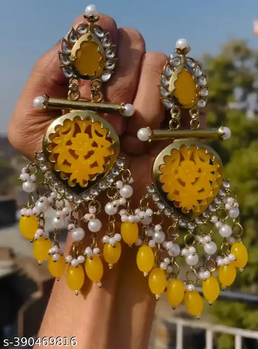 haldi Customised Dulhaniya Earrings with Ghaungru yellow