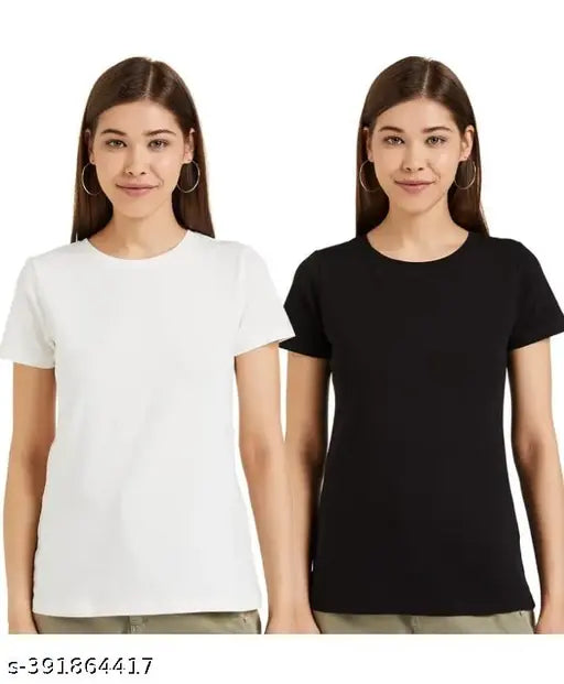 Nature Craft White&Black Cotton Solid T-shirt For Women