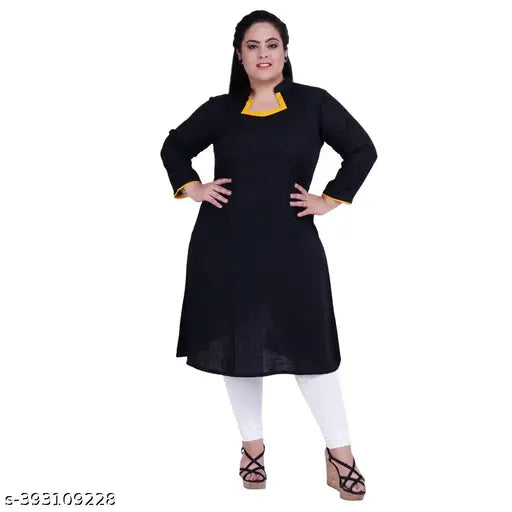 FAZZN Plus Size Customizable Knee Length Black Rayon Kurti with Square Neck and Full Sleeves