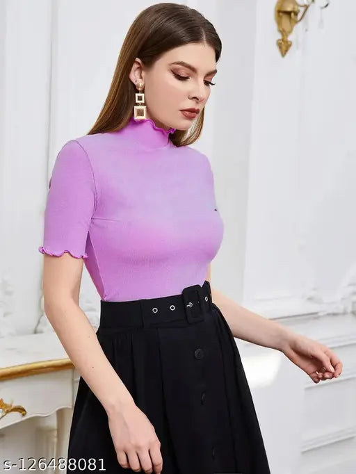 Women Casual Wear High Neck Half Sleeve  Ribbed Top