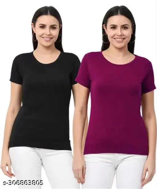Women's Solid Round Neck Half Sleeve Combo T-shirts - Women's Combo T-shirts Pack of 2 Tshirts 