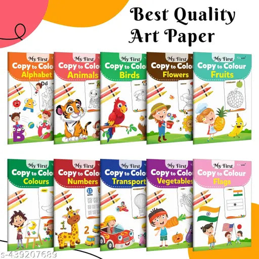 Ukg Class Picture Colouring Book Pack Set of 10 Colouring books : Colouring book set for children  Early learning library book   Alphabet  Animals  Birds  Flowers  Fruits  Colours  Numbers  Transport  Vegetables  and Flags