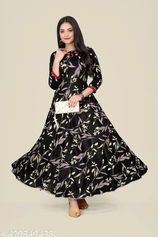 Ashima Designer Black Color Exports Quality Rayon Printed Cutout Neck Flower Printed Long Fancy Kurti