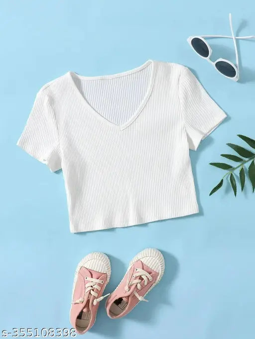 Women Casual Wear V Neck Half Sleeve Cotton Blend Ribbed Crop Top for women and Girls
