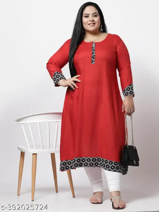 FAZZN Plus Size Red Rayon Digital Printed Straight Kurti with Customization