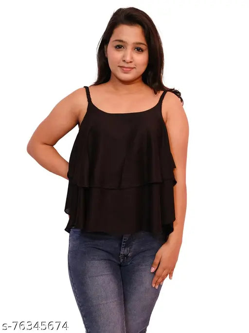 Nature Craft Solid Printed Black Colored Rayon Crop Top With Square Neck