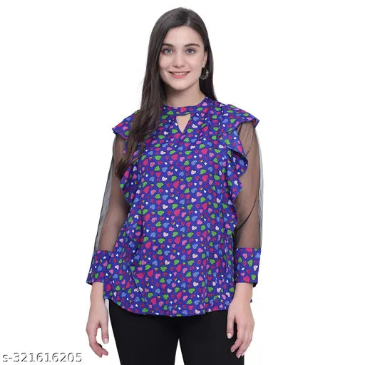 Nature Craft Blue Poly Crepe Floral Printed Full sleeve Women Tunic