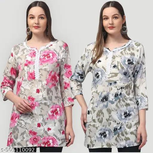 Women printed multicolou rayon embroded short kurti pack of 2