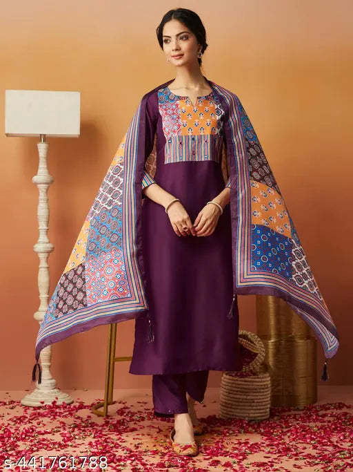Women's Chinon Kurta & Pant With Dupatta Set