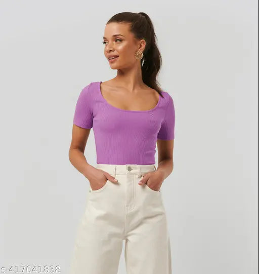 Redamancii Scoop Neck Short Sleeve Casual Ribbed Top for  Girls and Women