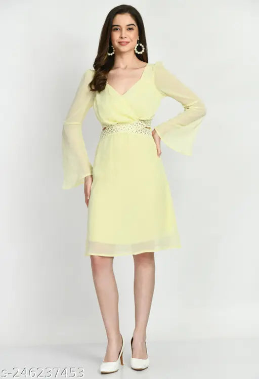 Stylish Solid Chiffon Lace yellow dress & A line dress for women