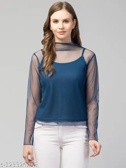 Women Girls Solid Mesh Tops & Tunics